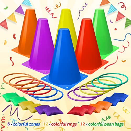 Eocolz 3 in 1 Carnival Games Set, Soft Plastic Cones Bean Bags Ring Toss Games for Kids Birthday Party Outdoor Games Supplies Combo Set - color: purple