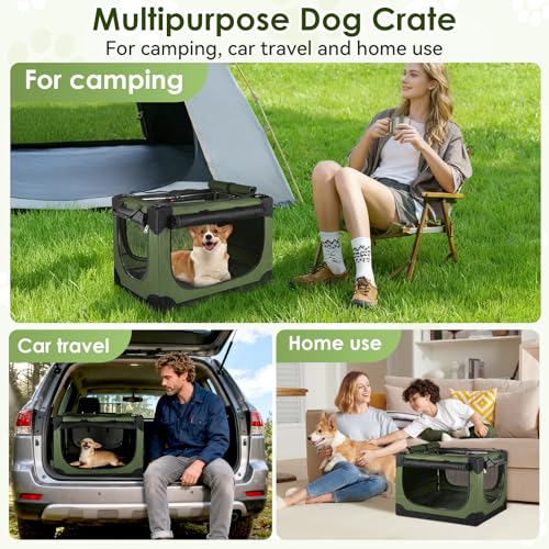 Soft Small Dog Crate - 24 inch Portable Travel Puppy Crate for Small Pets or 2 Cats, Collapsible Pet Carrier with 4 Mesh Doors, Car Kennel for Dogs with Handle for Indoor and Outdoor, Green - color: Army Green