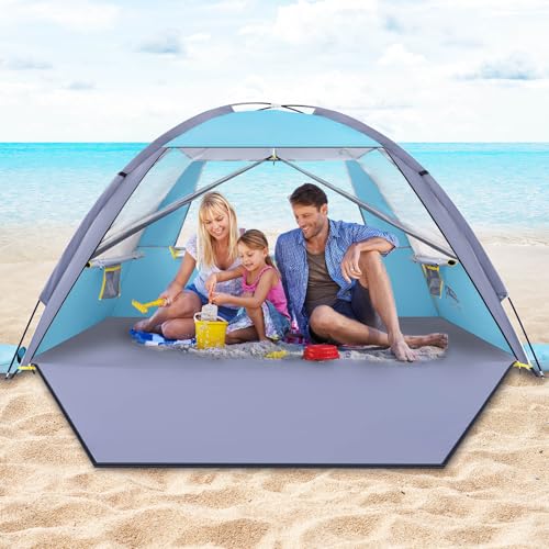 Happy Travel Beach Tent, UPF 50+ UV Protection Sun Shade Shelter for 3/4/5/6/7/8 Person, Portable Beach Canopy for Family & Baby, Lightweight & Easy Setup Beach Cabana with 3 Ventilation Mesh Windows - color: Light Blue, size: 3 Person