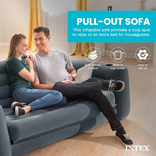 Intex Inflatable Pull-Out Sofa: Velvety Surface, 2-in-1 Valve, Cupholder, 46" x 88" x 26" - Blow-Up Couch and Folding Queen Size Air Mattress Bed - style: Queen