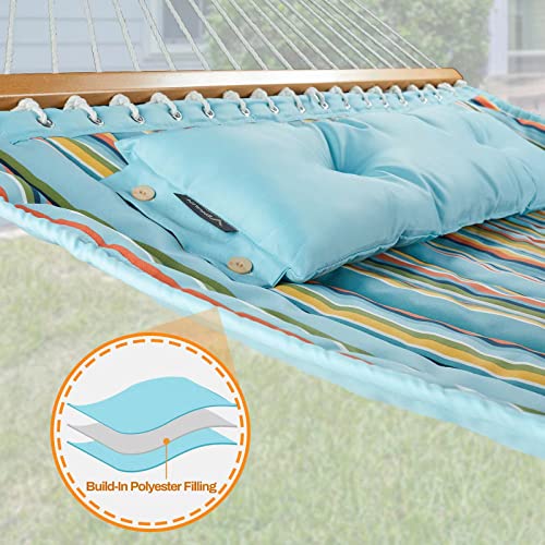 CHULIM 12 FT Double Quilted Fabric Hammock with Spreader Bars and Pillow 450 LBS Weight Capacity 2 Person Hammock for Outdoor Patio Backyard Poolside Blue Stripes - color: Blue Stripes