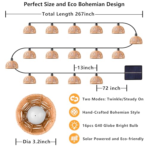 TWINKVILLA Solar Rattan String Lights Outdoor, 16FT 16 LED Half-Globe Hemisphere Wicker Lanterns, IP65 Waterproof Solar Powered Patio Lights, Boho Decorative Hanging Lighting for Garden Porch Wedding