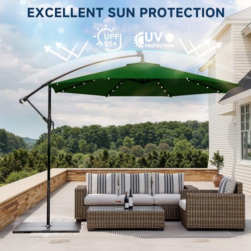 10FT 40-LED Solar Lighted Patio Umbrella, Outdoor Offset Cantilever Umbrella, Crank and Cross Bar, Infinite Tilt, UV Protection for Backyard, Lawn, Garden & Pool - color: Green, size: 10FT 40LED (Offset Umbrella)