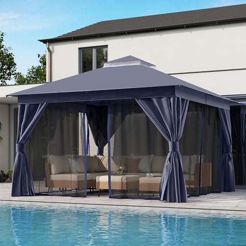 LAUSAINT HOME 12'x12' Outdoor Gazebo, Metal Frame Heavy Duty Patio Canopy Tent Shelter with Double Roofs, Mosquito Nettings and Privacy Screens for Backyard, Garden, Lawn, Navy Blue - color: Navy Blue, size: 12'x12'