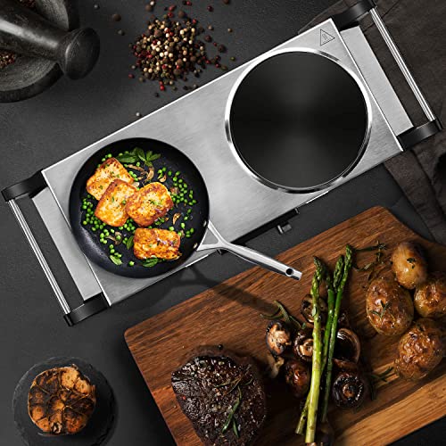 Hot Plate, Techwood 1800W Portable Electric Stove for Cooking Countertop Dual Burners with Adjustable Temperature & Handles, 7.5” Cooktop for Home/RV/Camp, Compatible for All Cookwares, Silver - color: Silver, size: Double Burner