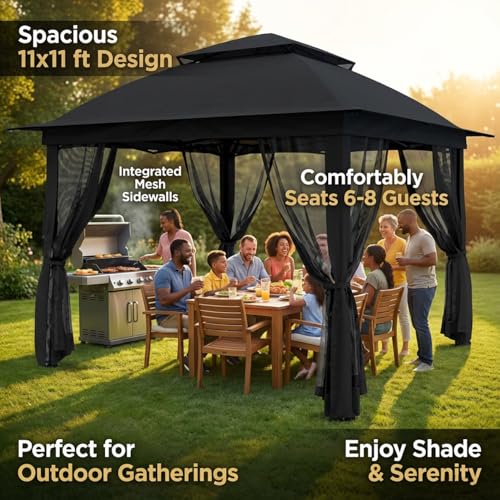 11'X11' Gazebo Pop Up with 4 Sidewalls Mosquito Netting, Heavy Duty Patio Gazebo Canopy Tent with Double Air Roofs for Backyards, Patios, Decks, Gardens, Parks - color: Black Top