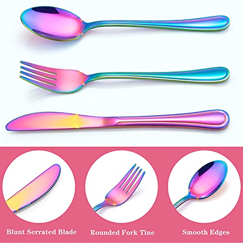 LIANYU 12-Piece Rainbow Kids Silverware Set, Stainless Steel Toddler Utensils Flatware Set, Child Cutlery Tableware for 4, Include knife Fork Spoon, Mirror Finished, Dishwasher Safe - color: Rainbow
