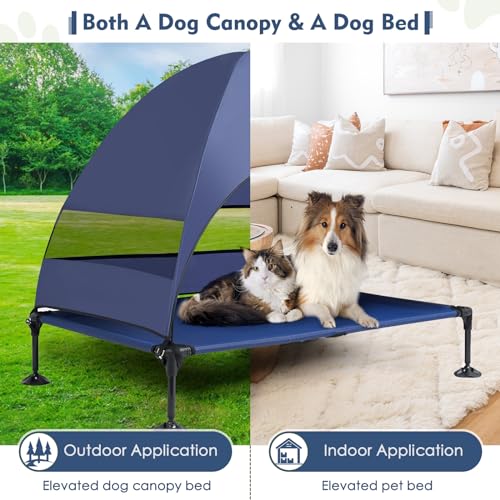 Upgraded Elevated Dog Bed with Canopy, Portable Raised Outdoor Dog Bed with Stable Anti-Slip Feet, Wider Shade Pet Bed Cot, Raised Dog Beds for Large Dogs Camping, Indoor & Outdoor Use - color: Dog Canopy-Navy Blue, size: 42.0"L x 30.0"W x 33.0"Th