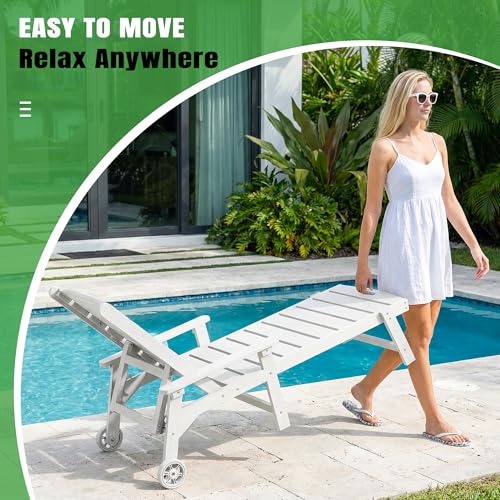Outdoor Lounge Chair Set of 4 with 5-Position Adjustable, Outside Lounge Chair with Cup Holder, Wheels for Easy Mobility, HDPE Tanning Chair for Poolside, Patio, White - color: White, size: 4pc