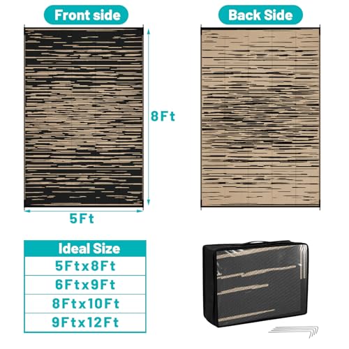 HEBE Outdoor Rug 5'x8' Waterproof, Reversible Plastic Straw Patio Rug Camping Mat, Indoor Outdoor Area Rug Carpet for Patios, Deck, Porch, RV, Camping, Picnic, Balcony - color: Stripe/Black, size: 5' x 8' (Rectangular)