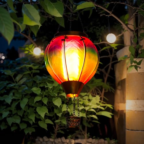Solar Hot Air Balloon Lantern with Flame, Hanging Glass Hot Air Balloon Solar Lantern Waterproof, Decorative Outdoor Hot Air Balloon Solar Light for Outside Garden Patio (Purple Gradient) - color: Purple Gradient