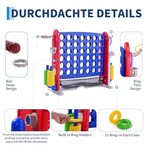Jumbo 4 in a Row Game, Height Adjustable(2.7-3.2 ft) Outdoor Indoor Connect 4 w/Quick Release, Giant Connect Four with Basketball Hoop, Ring Toss & Net, Backyard Party Game for Adults Kids