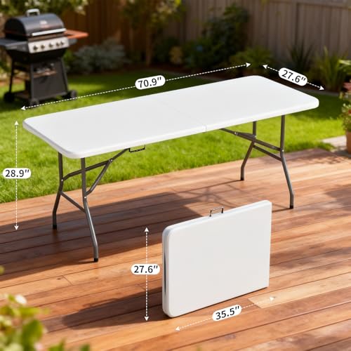BestOffice 6 FT Picnic Table, Portable Plastic Folding Table with Carrying Handle Perfect for Picnics, Parties, Party and Camping, White - color: White, size: 6 FT 70"x28"
