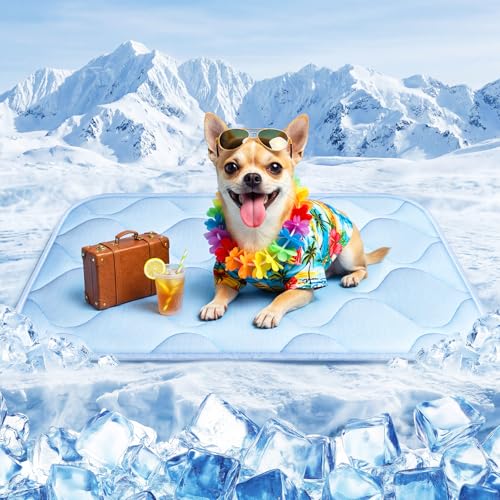 Cooling Mat for Dogs and Cats 24" x 18", Premium Pet Cooling Bed Indoor Outdoor with Waterproof Cover & Ice Silk, Summer Cool Pad for Puppy Kitty, Non-Slip Washable Pet Blanket for Crate Kennel - color: Blue Wave Stitching, size: Small