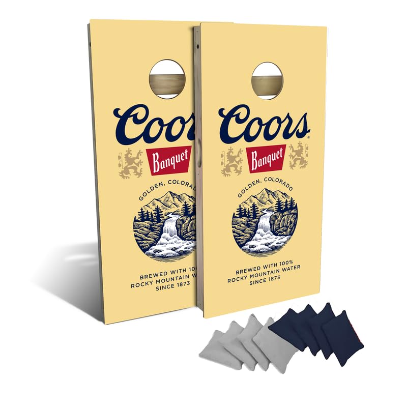 Slick Woody's Professional-Grade Cornhole Boards - 4'x2' Solid Wood Regulation Man Cave + Beer Branded Corn Hole Toss Game with 8 Resin Filled Bags - color: Coors Banquet Gold