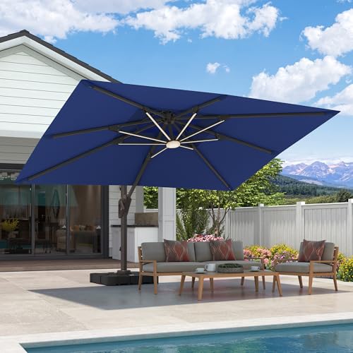 9x12 FT Cantilever Patio Umbrella with Base and Led Lights Double Top Outdoor Rectangular Large Heavy Duty Aluminum Offset Umbrellas with 7 Level Tilt 360-degree Rotation for Pool Garden Deck, Navy - color: Navy, size: 9' X 12'-with Light & Base