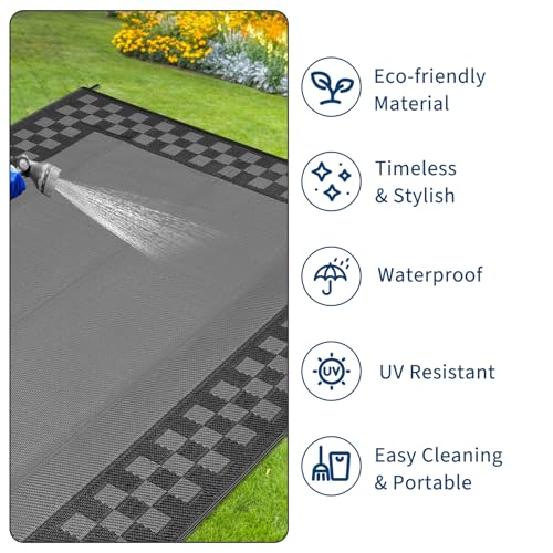 9x18 Outdoor Rug Waterproof Large Outdoor Patio Rugs Reversible Plastic Straw Rug, Foldable Fade-Proof & Weather Resistant Large RV Mats with Stakes & Carry Bag for Deck Porch Black Grey - color: Border1|black Grey, size: 9' x 18' (Rectangular)