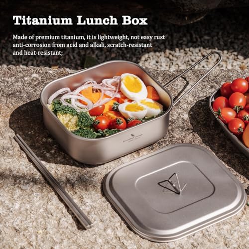 iBasingo 1000ml Titanium Military Mess Tin Outdoor Camping Cookware with Lid & Folding Handle Lightweight Frying Pan Single Layer Square Lunch Box Portable Hiking Backpacking Cooking Kit Ti2084C