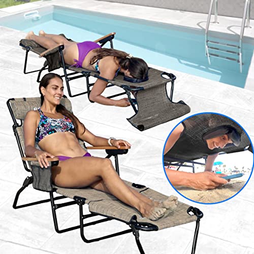 EASYGO PRODUCTS FLIP Face Down Tanning Chaise Lounge Chair with Face & Arm Holes - 4 Legs Support - Textilene Material - 6 Position - Arm Head Rest Pillow - Beach or Home Use - color: Flip Tan