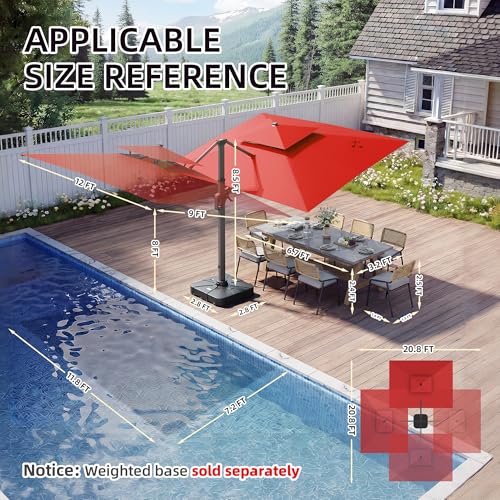 9 X 12 FT Cantilever Outdoor Patio Umbrella with Led Lights Heavy Duty Windproof Double Top Large Rectangle Offset Umbrellas with 360-degree Rotation for Garden Pool Deck Backyard, Red - color: Red, size: 9' X 12'- Only Umbrella(LED)