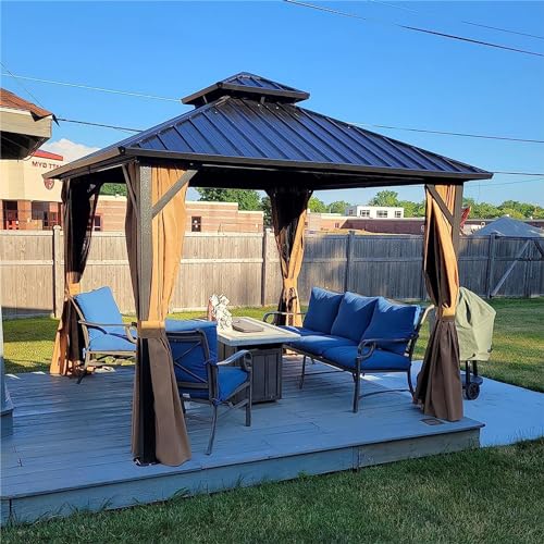 Domi 10' x 10' Hardtop Gazebo Permanent Metal Gazebo with Galvanized Steel Double Roof, Curtains and Netting for Party, Wedding, Outdoor Dining, Patio, Backyard, Brown - color: Brown, size: 10'×10' Double Roof