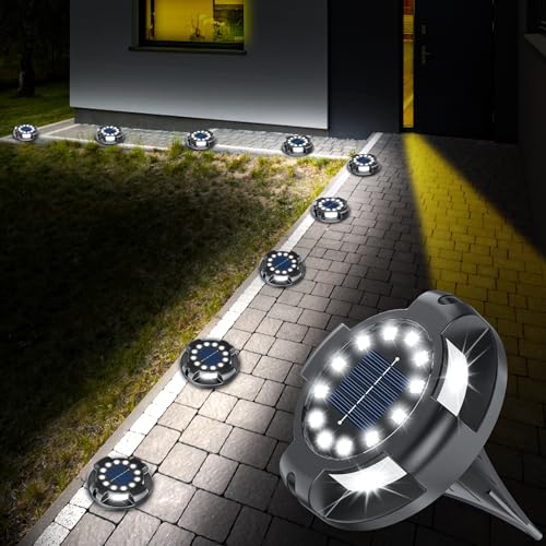 Solar Pathway Lights Outdoor 12 Packs, Bright White 16 LEDs Solar Ground Lights Walkway Lights with Side Light, Waterproof Solar Deck Light for Yard Walkway Garden Poolside Driveway Decorations - color: White