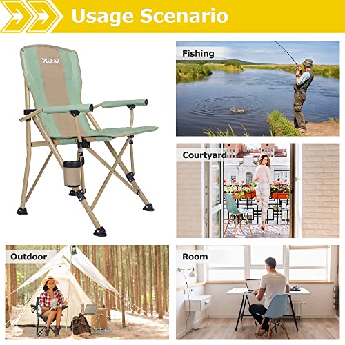 XGEAR Camping Chair with Padded Hard Armrest, Sturdy Folding Camp Chair with Cup Holder, Storage Pockets Carry Bag Included, Support to 400 lbs - color: Green With Khaki