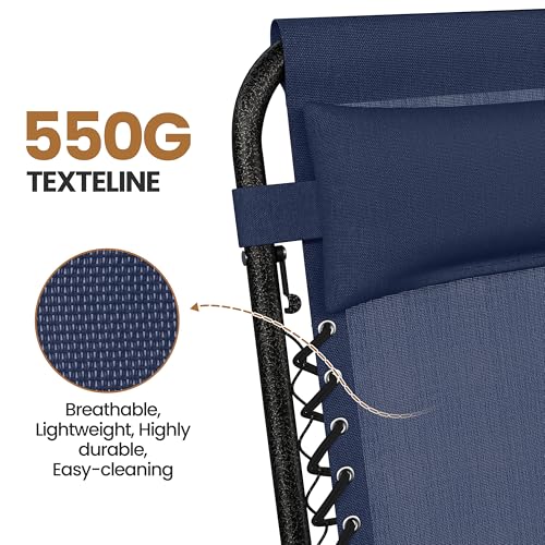Yaheetech Zero Gravity Recliners Outdoor Adjustable Folding Reclining Lounge Chairs w/Pillows, Cup Holder Trays and Carry Strap for Patio Backyard Beach Navy Blue Set of 2 - color: Navy Blue