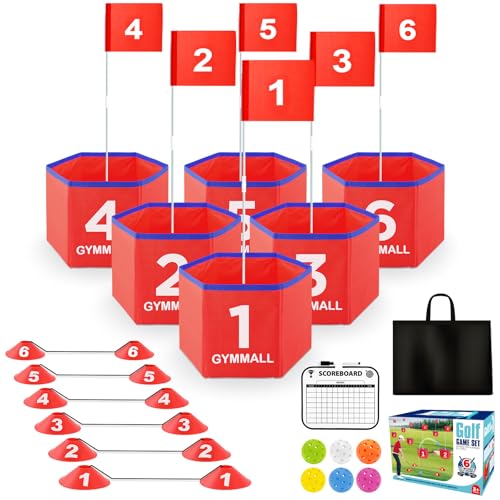 Golf Bucket Yard Game, Backyard Golf Set for Kids, Adults and Family, Outdoor and Indoor Portable 6 Holes Golf Course with Balls, Flags and Carry Bag for Lawn, Park, Beach and Hotel - Red - color: Red, size: 6 Holes