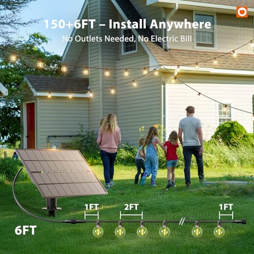 addlon 150FT Solar String Lights Outdoor Waterproof with Remote, Dimmable Commercial Grade Solar Powered String Lights with 80 LED Bulbs, Hanging Light for Camping Backyard Party Decor - size: 150FT