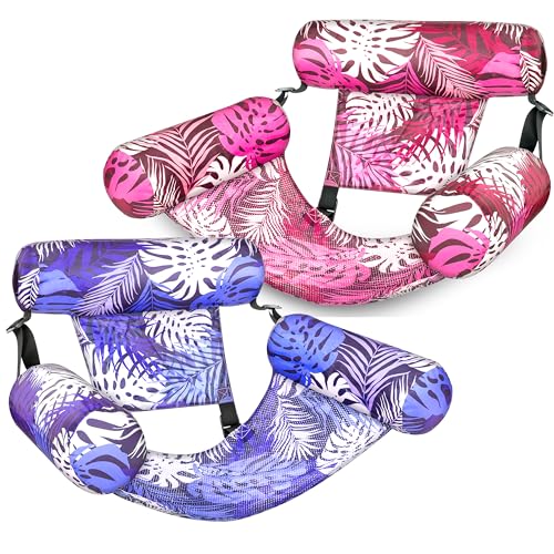 SLOOSH Inflatable Pool Floats Adult,2 Packs Floating Lounge Chairs,Blow up Pool Noodles for Adult Heavy Duty,Floating Chair for Party Summer Water Beach Lake Fun - style: Tropical Leaves-Purple,Pink