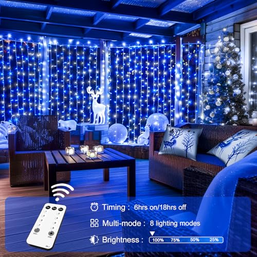JMEXSUSS 300LED Christmas Curtain Lights Plug in with Remote, Blue and White Christmas Lights Indoor Outdoor, 8 Modes Hanging Fairy String Lights for Bedroom Window Wall Yard Patio Decor, 9.8x9.8ft - color: Blue and White, size: 300 LED