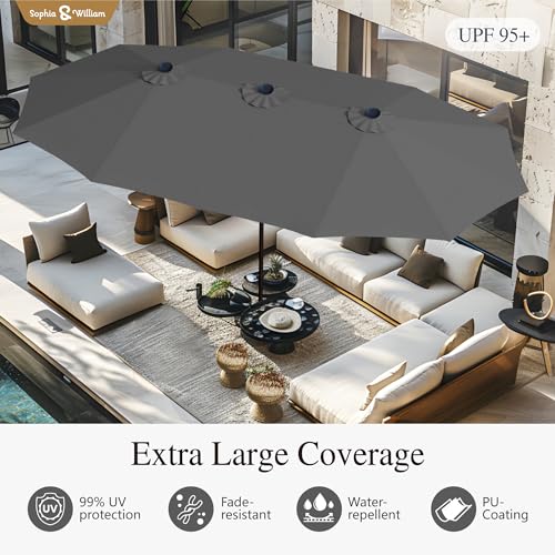 Sophia & William 15 ft Extra Large Patio Umbrella with Base Included, Rectangular Outdoor Umbrella Heavy Duty, Market Umbrella Double-sided Fade Resistant for Pool Garden Backyard, Smoky Gray - color: Smoky Gray
