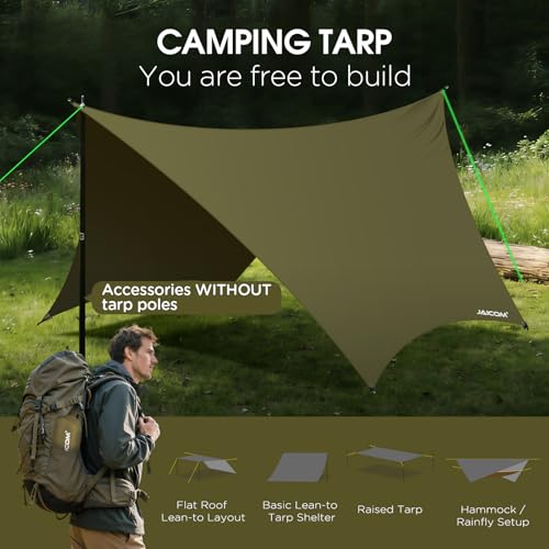 JAICOM Waterproof Hammock Rain Fly, Portable Camping Tarp - 12ft x 9.5ft Large Camp Tarp with Tent Stakes & Trap Clip & Guy Lines, Ultralight Shelter for Backpacking, Outdoor Shade - color: Army Green