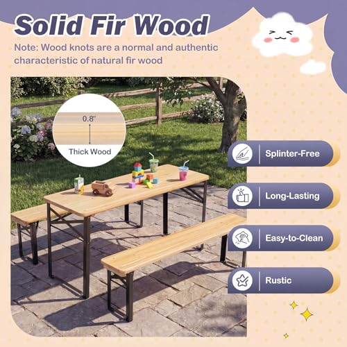 Costzon Kids Picnic Table, 43.5 Inch Folding Picnic Table with 2 Benches, Fir Wood Top & Metal Frame, No Assembly 3-Piece Portable Kids Indoor/Outdoor Furniture for Patio Backyard Daycare (Black) - color: Black