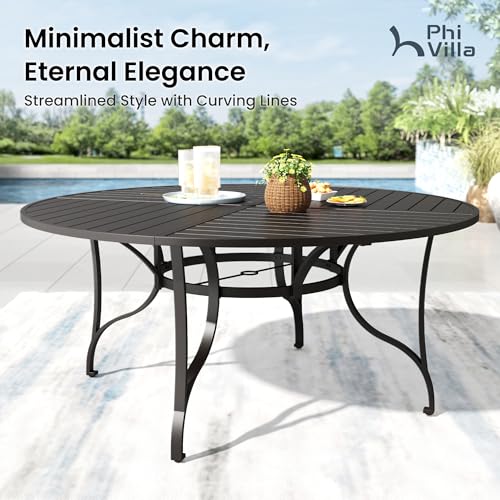 PHI VILLA 9 Pieces Outdoor Dining Set for 8, 67" Black Round Metal Table with Umbrella Hole & Stackable Wrought Iron Chairs, Large Outside Furniture Set for Patio, Deck, Yard, Porch - color: Hexagon Back Chair, size: 9PCS-67" Round Table