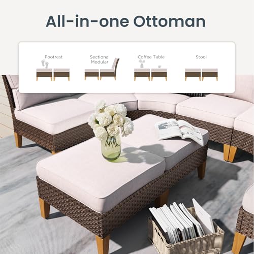 PHI VILLA 4-Piece Curved Patio Furniture Set, Half-Moon Wicker Sectional Furniture Sofa Set for 8 Seats with Cushioned 3 x Curved Sectionals and 2 x Ottoman, Beige - color: Beige, size: 8 Seats - Round