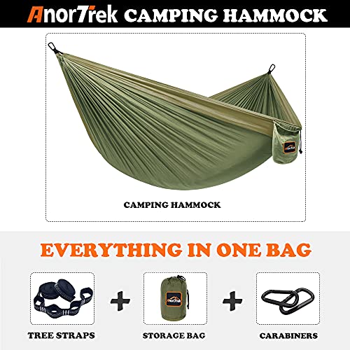 AnorTrek Camping Hammock, Super Lightweight Portable Parachute Hammock with Two Tree Straps Single or Double Nylon Travel Tree Hammocks for Camping Backpacking Hiking - color: Army Green&khaki, size: Single 110''L x 55''W