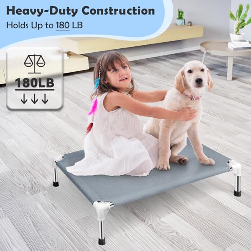 Elevated Cooling Dog Bed, Raised Outdoor Dog Bed for Medium Dogs, Portable Pet Cots with No-Slip Rubber Feet, Double Layer Polyester Cotton - color: Grey-M