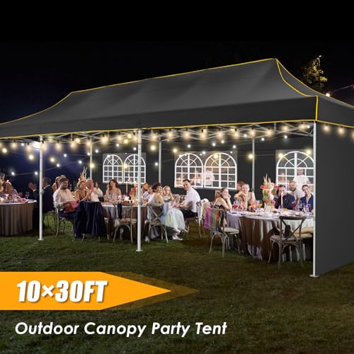 HOTEEL 10x30 Heavy Duty Pop Up Canopy Tent with 5 Sidewalls&Wheeled Bag, Commercial Event Party Tent Wedding Instant Canopy Waterproof, Upgraded Thicked Hexagonal Legs, UV 50+, Black - color: Black, size: 10x30FT (+5 Walls)