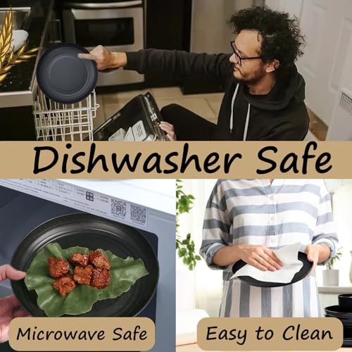 Wheat Straw Deep Dinner Plates Set of 4, Unbreakable Reusable Plates, Microwave & Dishwasher Safe, BPA Free Salad Plates for Kitchen, Daily Use & Parties (Black) - color: Black