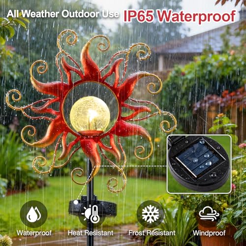 Solar Lights Outdoor Waterproof Red Sun Metal Crackle Glass Stake Decorative for Outside,Yard,Lawn,Patio,Walkway Mothers'Day Gifts Mom Grandma Garden Lover - color: Red
