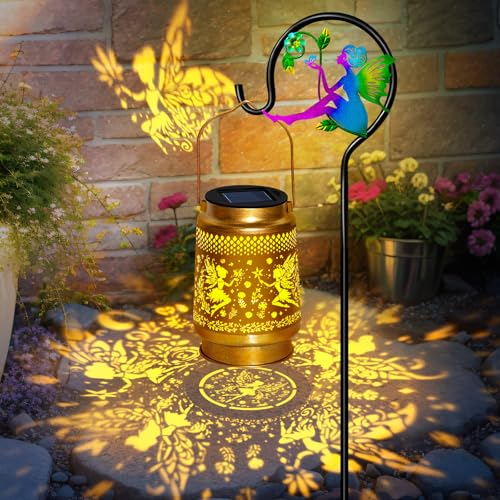 2 Packs Fairy Solar Lanterns Outdoor Waterproof with Shepherd Hook,Hanging Solar Lights Fairy Garden Decor,Christmas Decorations Gifts for Women Grandma,Metal Decorative Lanterns for Yard,Patio,Porch - style: 2 packs solar fairy lanterns