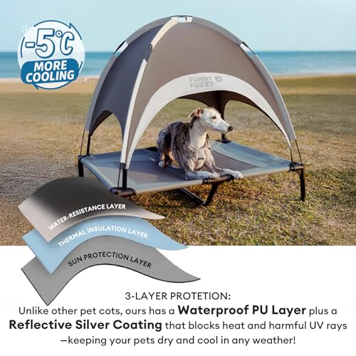 FUNNY FUZZY Elevated Dog Bed with Canopy,Grey, Large(36"x30"x7")–Outdoor Pet Cot with UV Protection, Breathable Mesh for Cooling, Indoor & Outdoor Use for Dogs up to 120 lbs - color: Grey, size: Large