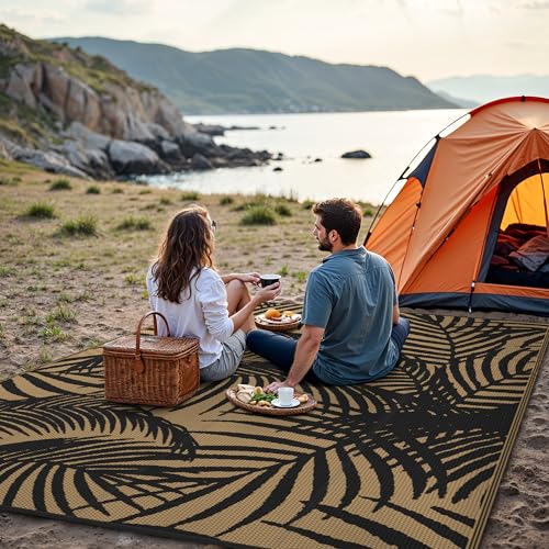 GENIMO Outdoor Rug 6' x 9' Waterproof for Patio Clearance, Reversible Plastic Straw Camping Carpet, Lightweight Mats for Rv, Backyard, Deck, Porch, Picnic, Beach, Balcony, Black & Brown - color: A.black & Brown, size: 6' x 9' (Rectangular)