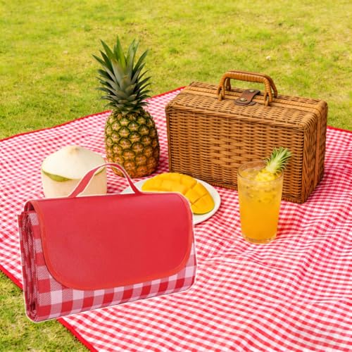 Extra Large Picnic Outdoor Blanket, 80''x60'' Waterproof Sand Beach Mat, Foldable Blankets Gingham Picnic Mat for Beach Camping Grass Lawn Park Hiking Travel Accessories Family Concerts(Red White) - color: Red, size: 80''x60''