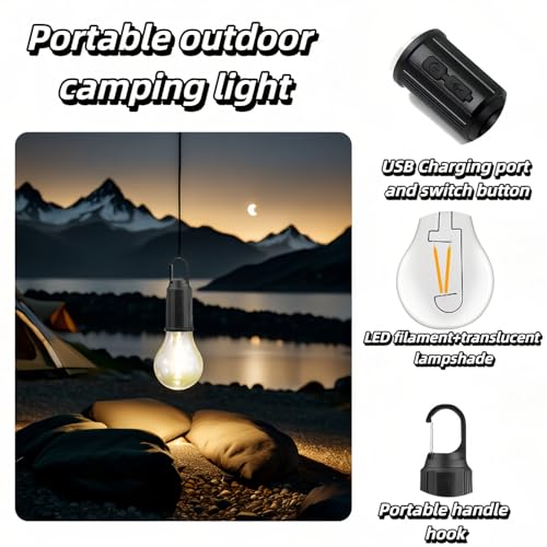 Portable LED Camping Lantern，Hang Anywhere Hook, USB-C Rechargeable, 3 Brightness Modes, Water Resistant for Emergency, Tent, Hiking, Power Outage& Outdoor (Black 1PCS) (T01)