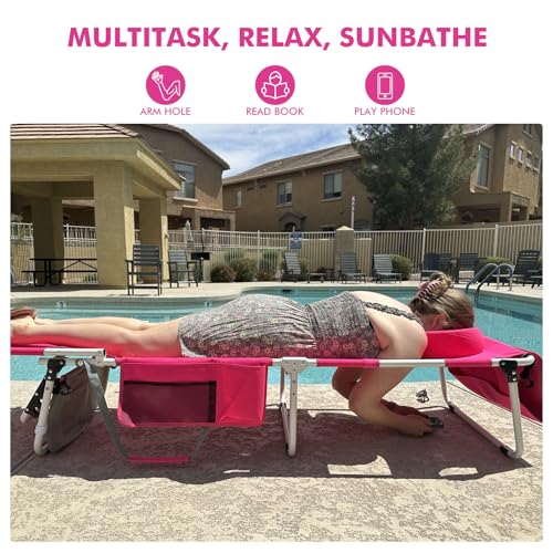 Wheel-To-Go Oversized Tanning Chair with Face Hole & Wheels | Portable Heavy Duty Folding Lounge Chair | Outside Sunbathing Reading Relaxing Beach Poolside | XL Wide | 330 LBS Pink (Patent Design) - color: Pink, style: Oversized + Sun Canopy Style