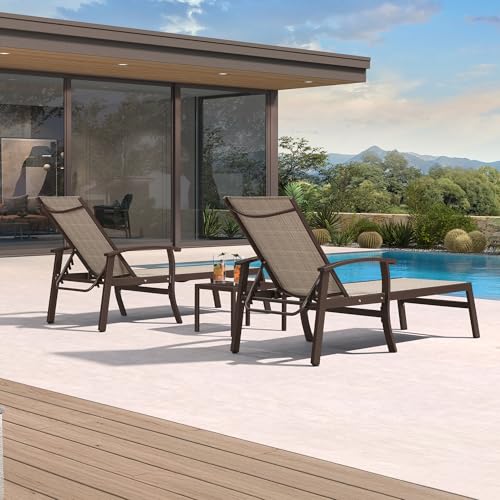 PURPLE LEAF Outdoor Chaise Lounge Chair Set of 3 Patio Pool Lounger Aluminum Chairs with Side Table and Wheels Adjustable Tanning Recliner with Armrests for Outside Backyard Deck Beach, Khaki - color: Khaki, size: Standard Upgrade