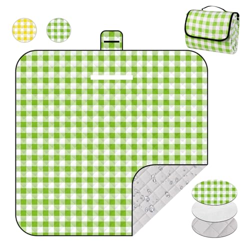 78.7''x78.7'' Extra Large Picnic Beach Blankets, 3 Layers Plaid Waterproof Thickened Foldable Camping Blanket, All-in-one Portable Mat, Suitable for Park, Camping, Outdoor Indoor, Green